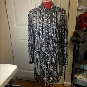 Angie Navy and White Patterned Button Up Dress
